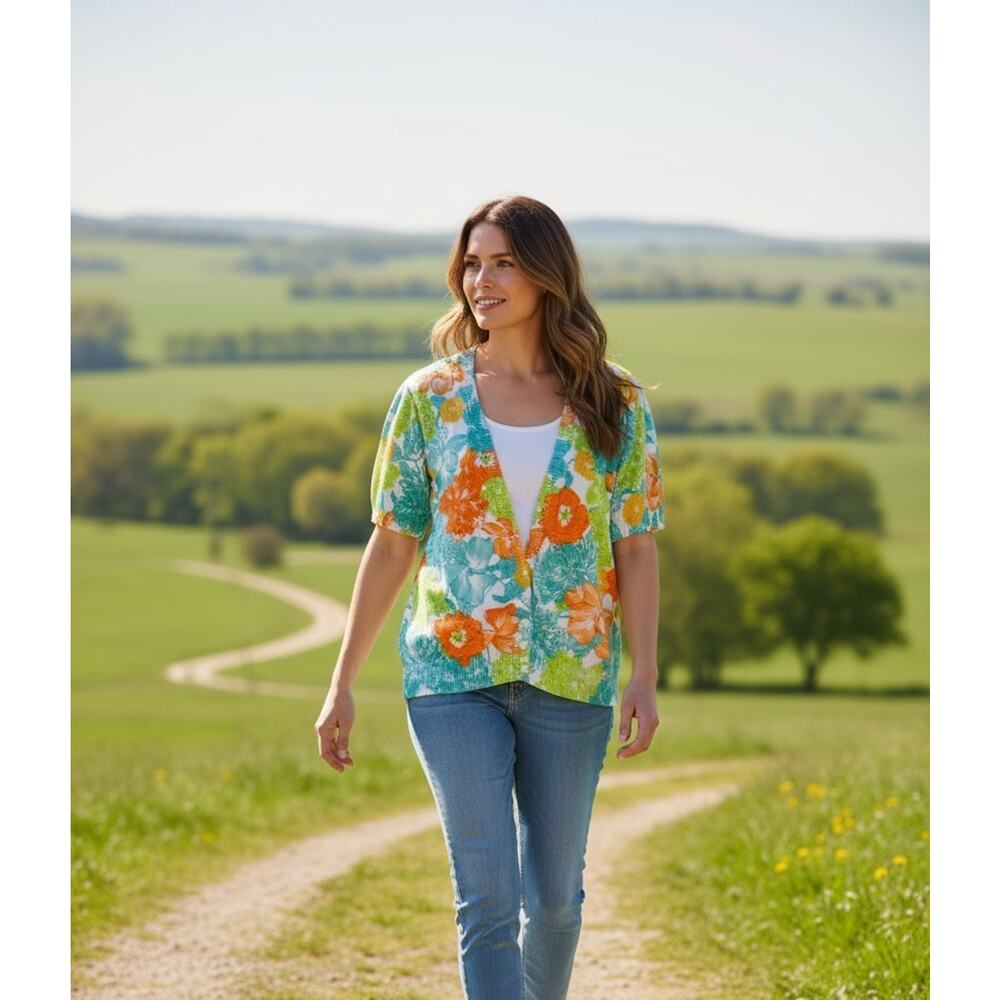 Cathy Daniels Cardigan Sweater Womens L Multi Floral Button Attached Front Tank